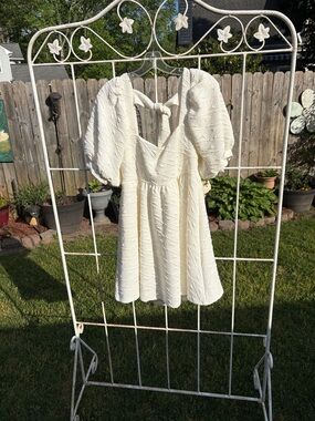 Free People Cream Textured Puff-Sleeve Dress with Tie Back